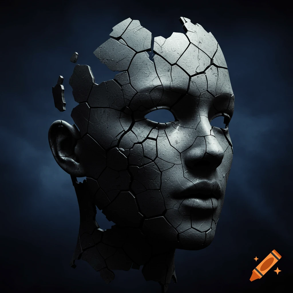 Cracked stone face sculpture breaking apart.