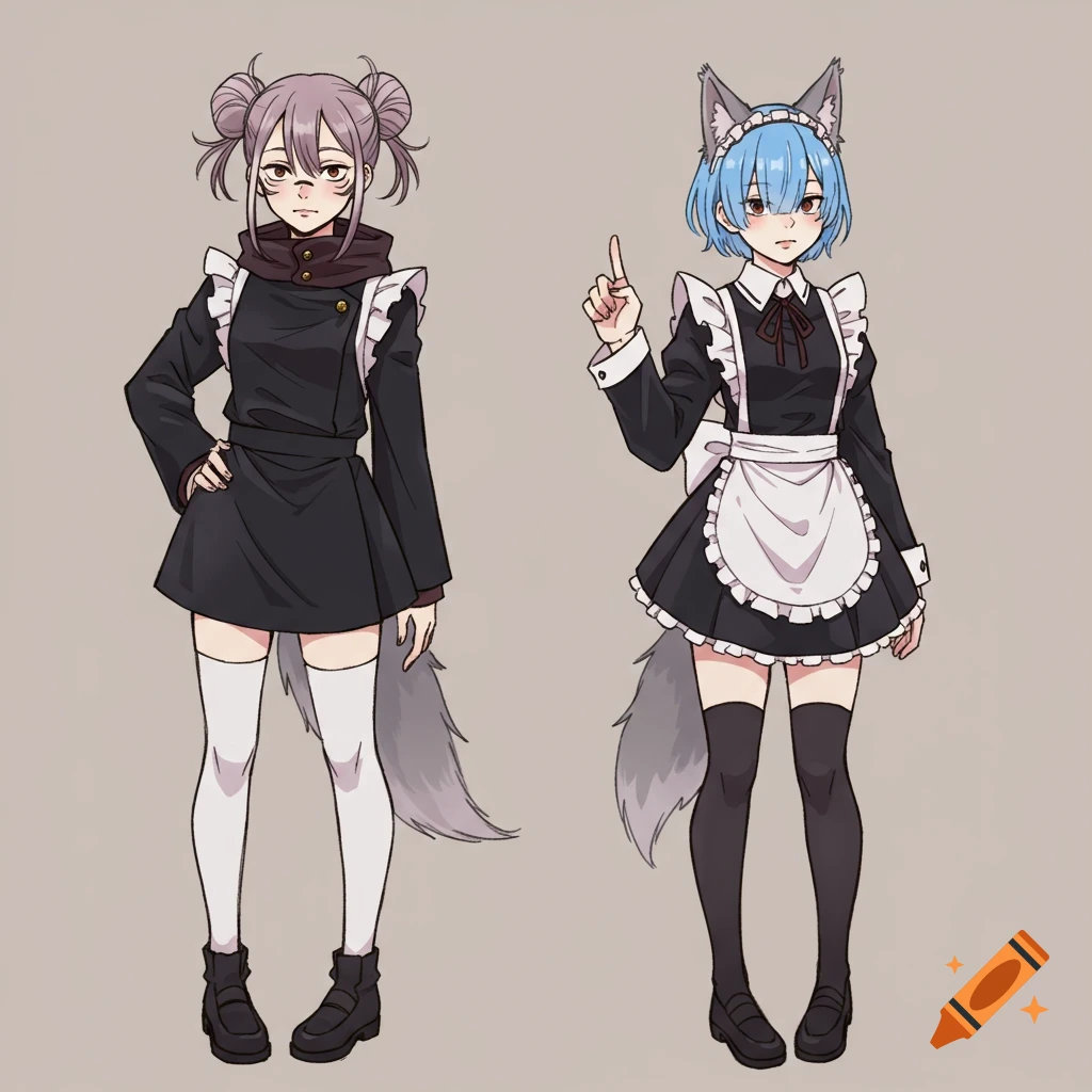 Two anime girls in maid outfits with wolf ears and tails stand against a plain background.