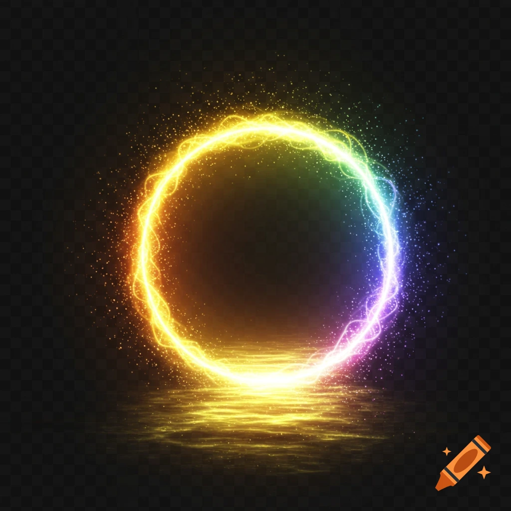 A glowing rainbow-colored ring of light reflects on a dark surface.