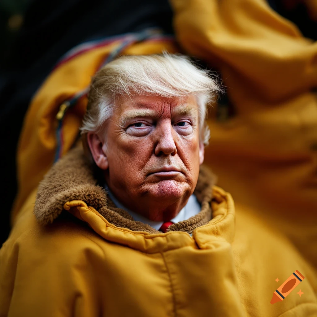 Close-up portrait of Donald Trump wearing a fur-collared jacket.