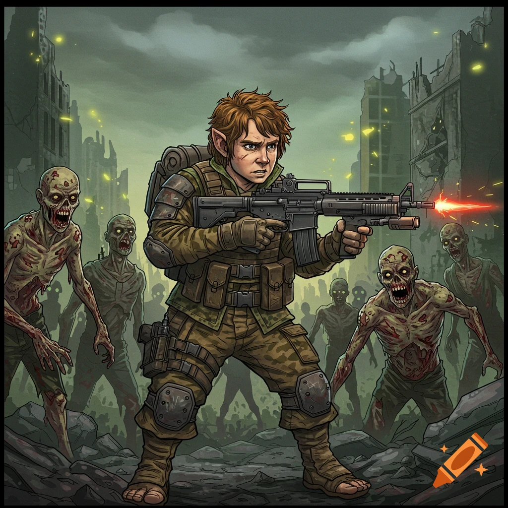 Hobbit soldier shoots zombies in ruined city, illustration style.