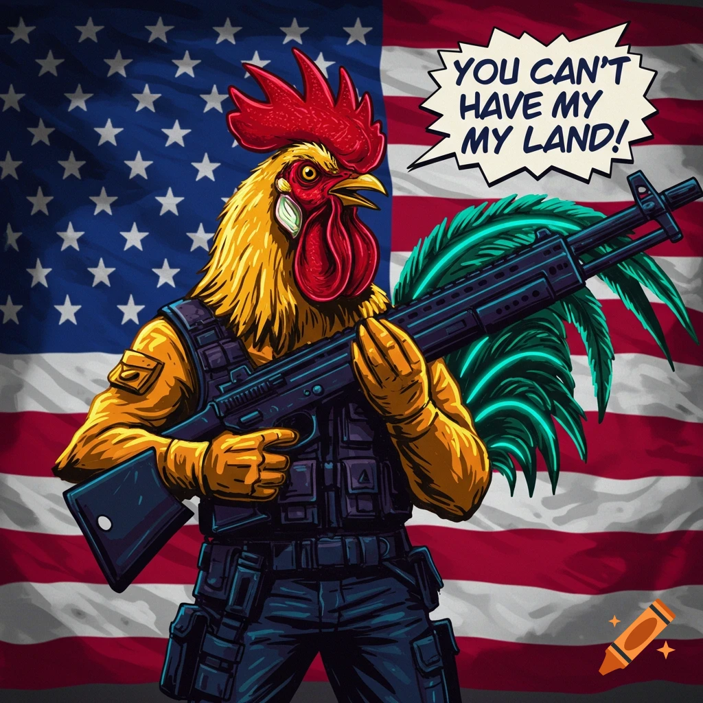 Cartoon illustration of a rooster in tactical gear holding a rifle in front of an American flag with a speech bubble.