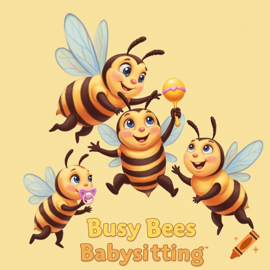Four cartoon bees, one with a rattle, one with a pacifier, with text 'Busy Bees Babysitting'. Illustration.