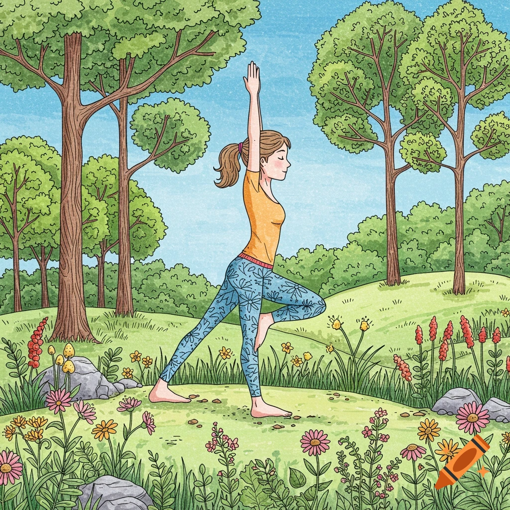 Coloring page illustration of a woman doing a yoga pose in a park surrounded by trees and flowers
