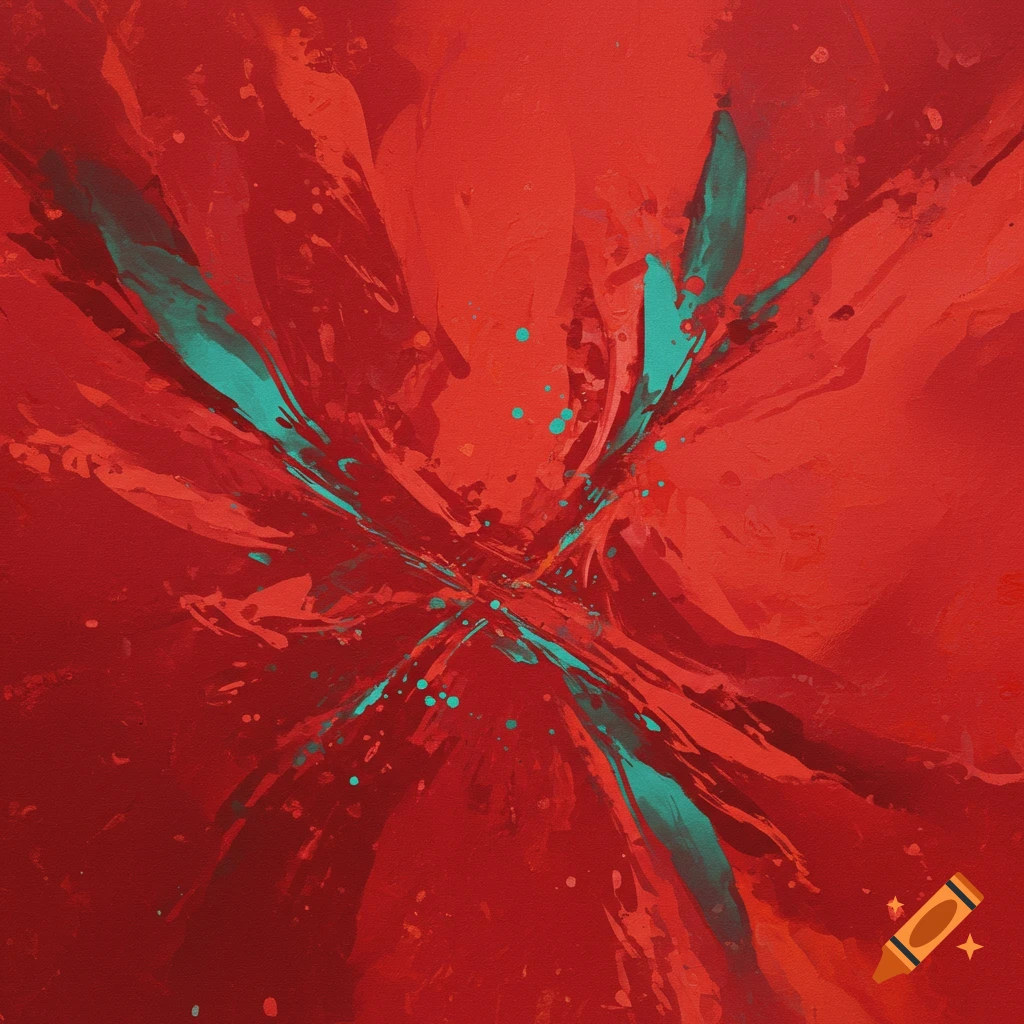 Abstract painting with red shades and teal accents