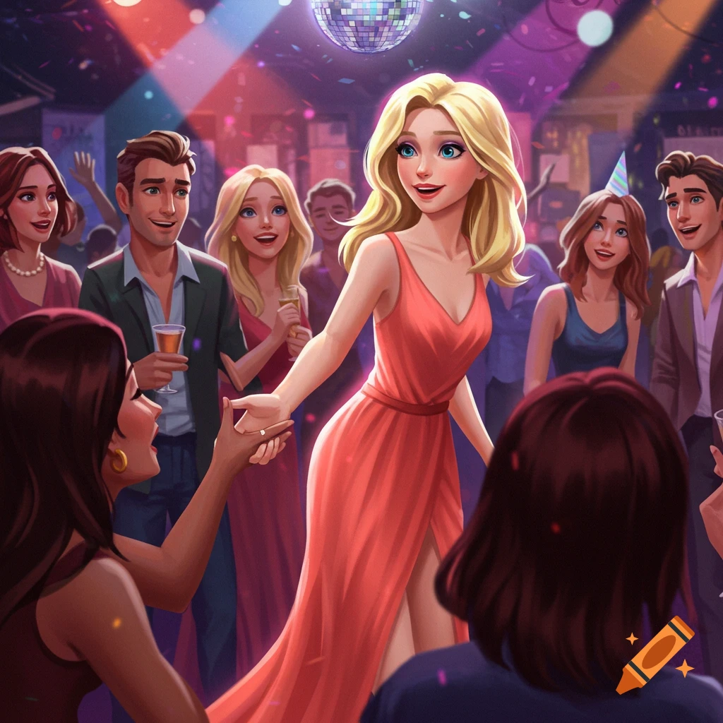 Animated scene of people dancing at a disco party with a disco ball and confetti.