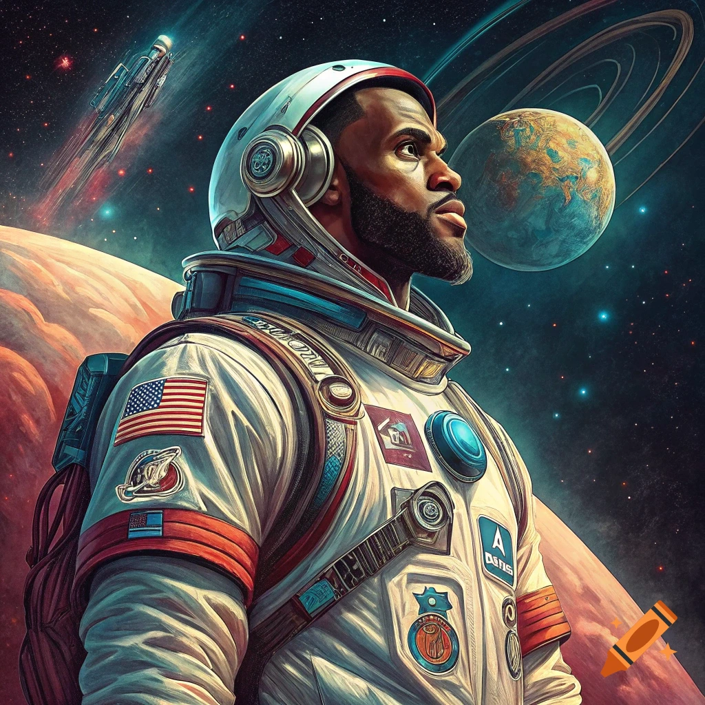 A man in an astronaut suit looks up in space, with a ringed planet and spaceship in the background.