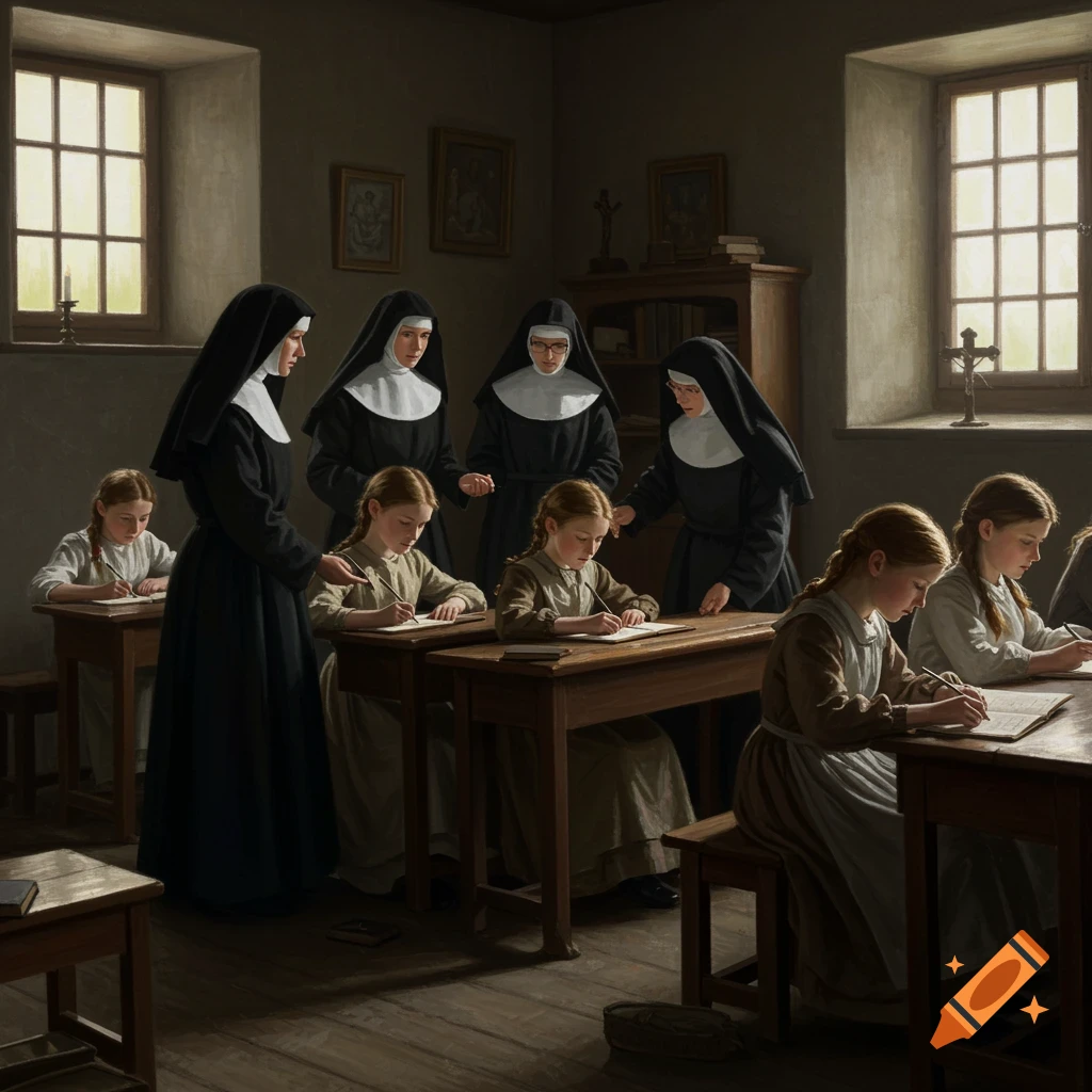 Painting of nuns teaching young girls in an old classroom.