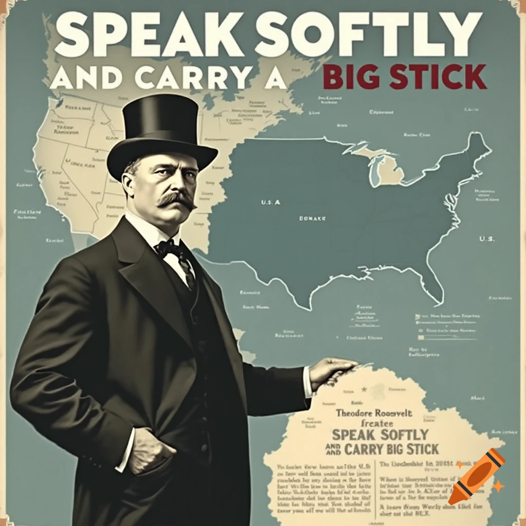 Vintage political poster featuring Theodore Roosevelt pointing at a map of the United States with the phrase 'Speak Softly and Carry a Big Stick'.
