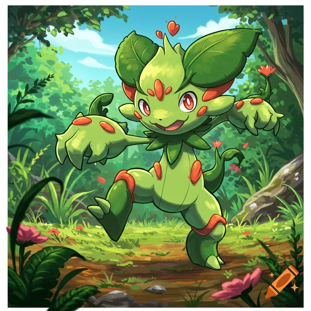 A green leafy creature resembling a Pokemon runs on a forest path in an anime style.