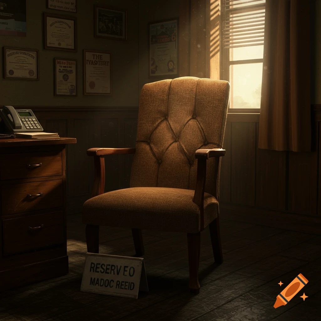 Empty armchair and desk in a dimly lit office bathed in sunlight from a window.