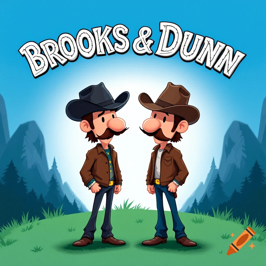 Cartoon of two men in cowboy hats with mustaches standing in a field, with the text BROOKS & DUNN.