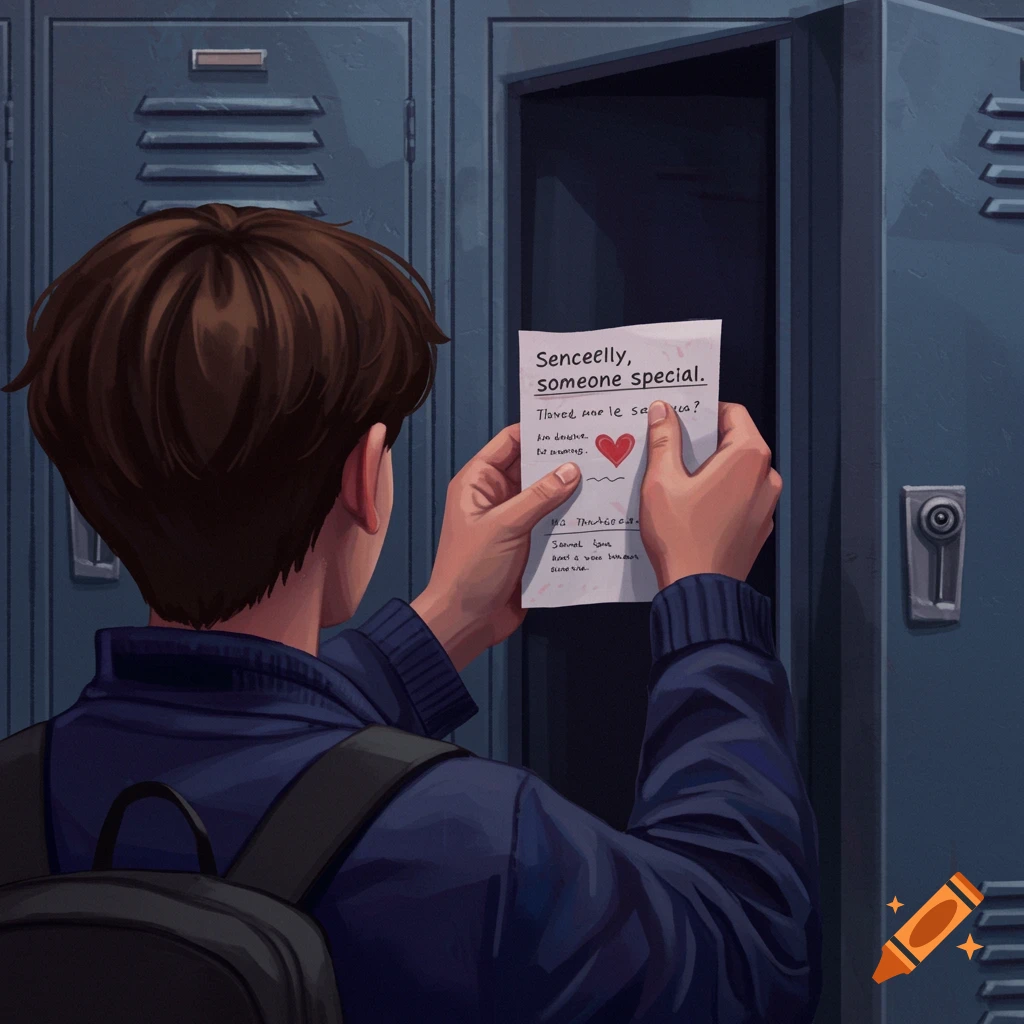 An illustration of a boy reading a letter with a heart drawn on it, standing in front of an open school locker.