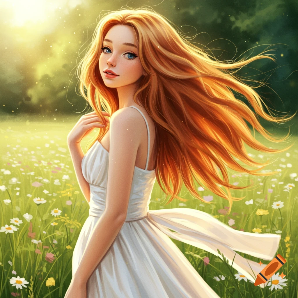 Illustration of a girl with long red hair in a white dress standing in a field of flowers.