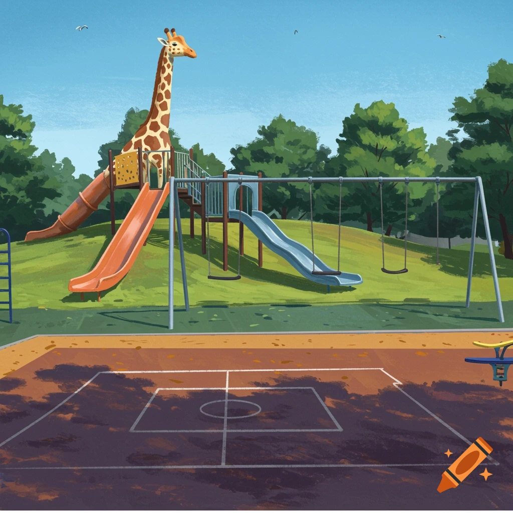 Illustration of a playground with a tall giraffe slide, swings, and a four square court.