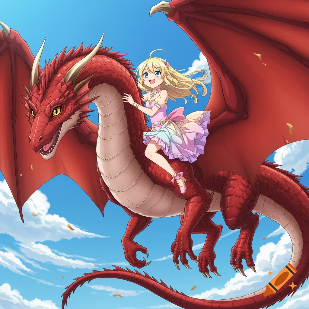 An anime girl with blonde hair rides a red dragon in a blue sky on Craiyon