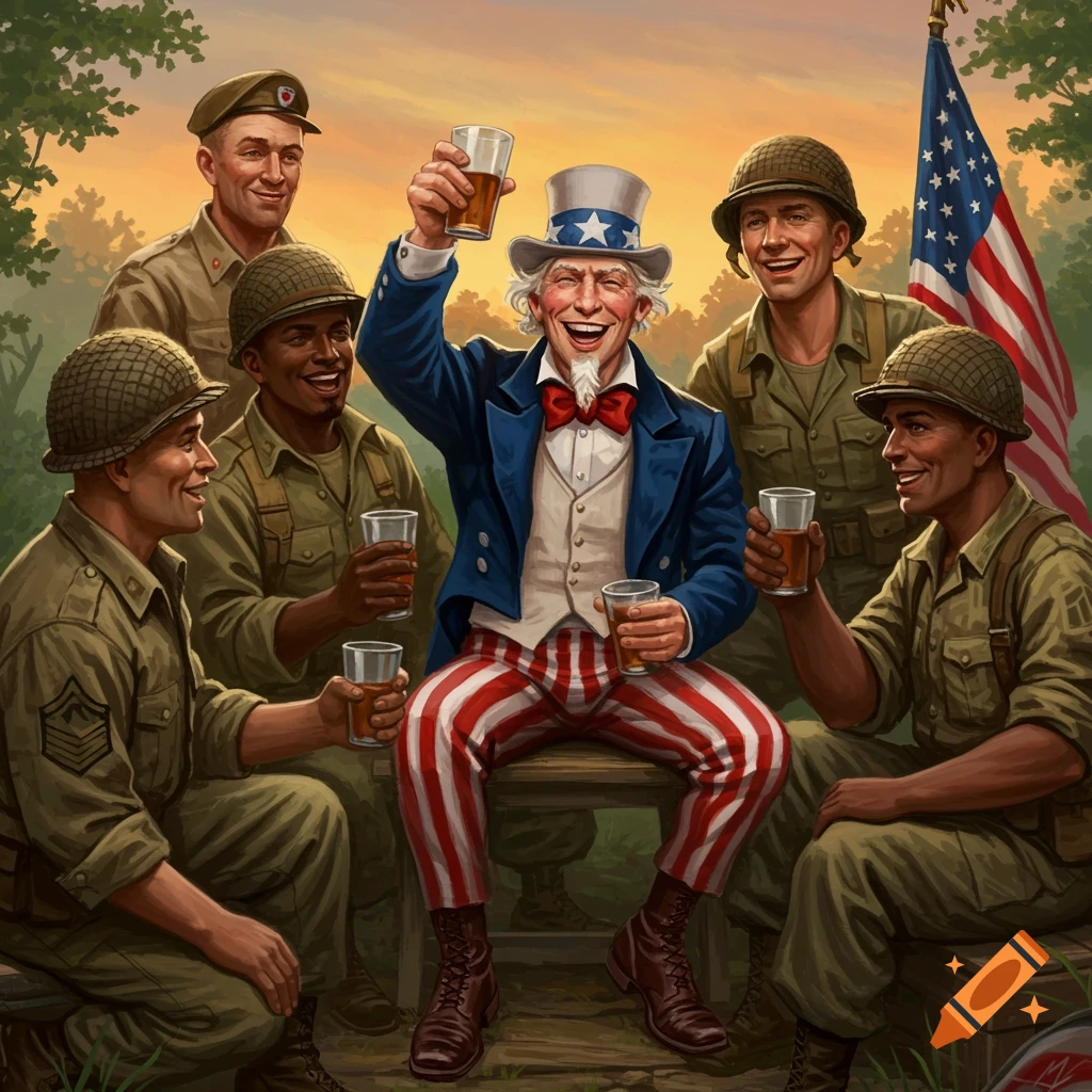 Uncle Sam raises a glass with soldiers, American flag waving behind them at sunset, illustration.