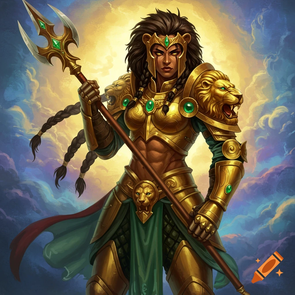 A fantasy illustration of a lionhearted warrior goddess in golden armor, holding a spear against a cloudy sky.