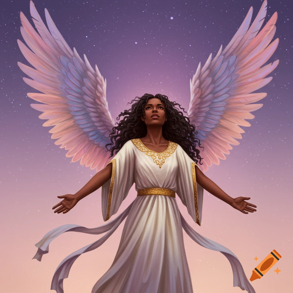 Fantasy illustration of a Black woman as an angel with large wings, looking up at a starry sky.
