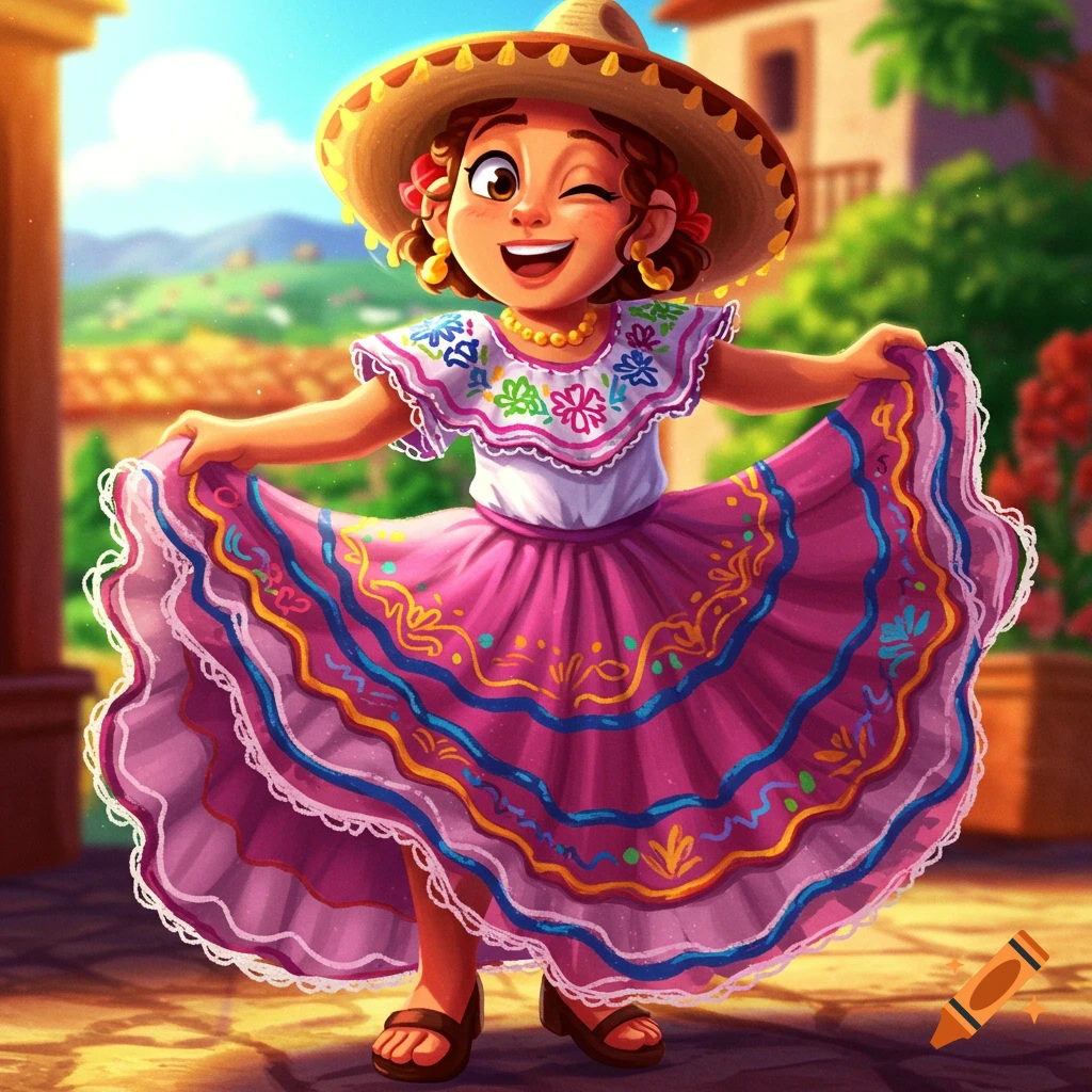Illustration of a cheerful person in a sombrero and traditional Mexican dress dancing.