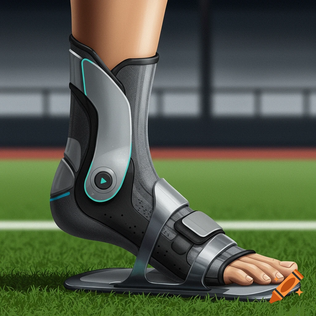 A leg and foot wearing a futuristic ankle brace on a sports field.