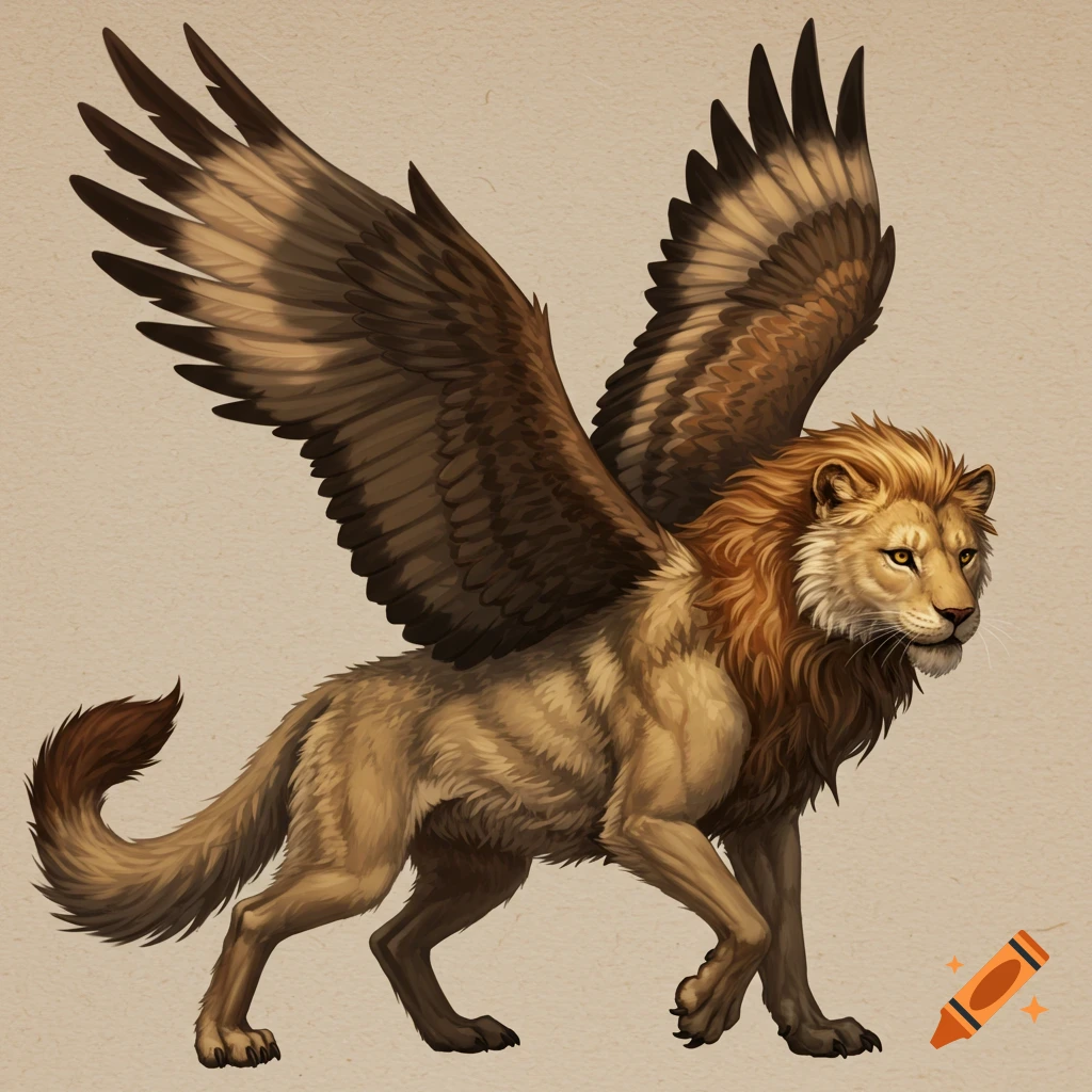 A mythical creature with a wolf body, lion mane and tail, and large hawk wings on a neutral background.