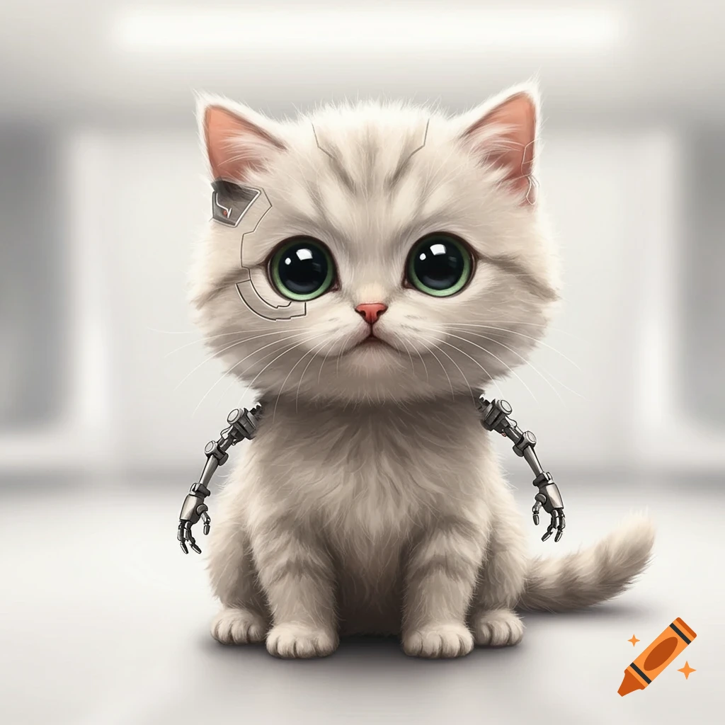 A cute white kitten with large green eyes and robotic details on its face and arms.