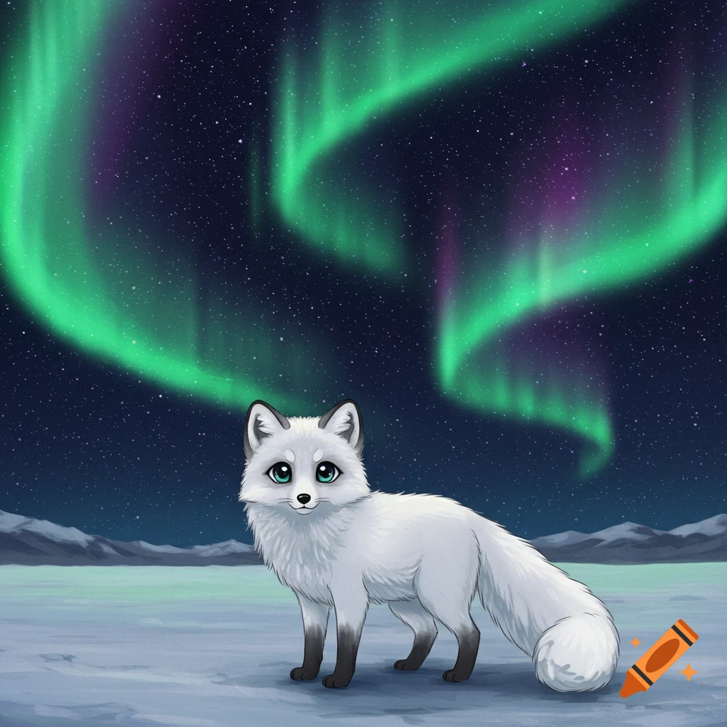 An anime-style arctic fox stands in a snowy landscape under vibrant northern lights.