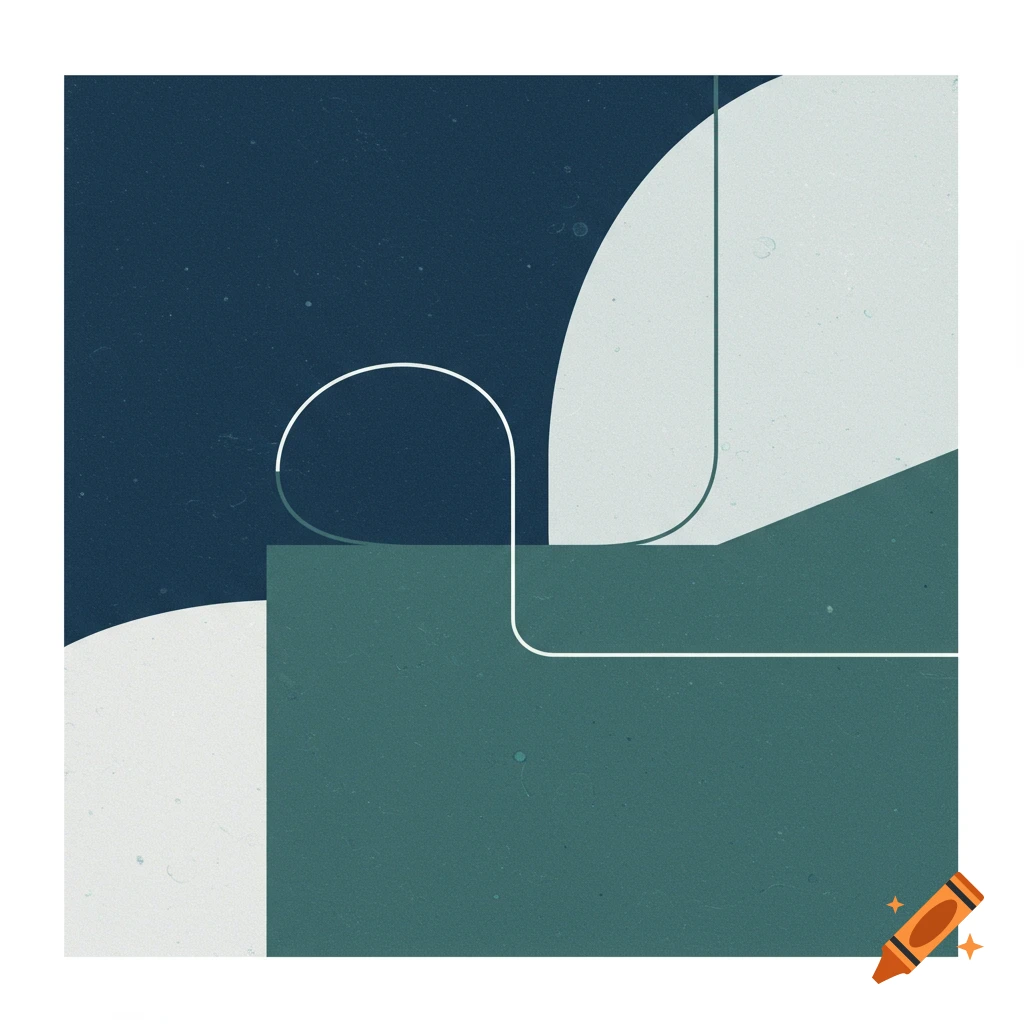 Abstract geometric composition in blue, green, and white with curved and straight lines.