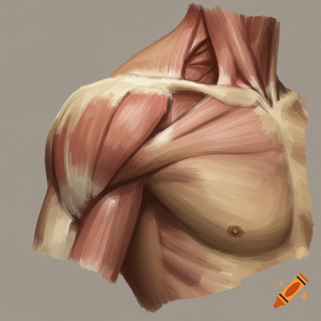 An illustration showing the muscles of a human shoulder, chest, and neck.
