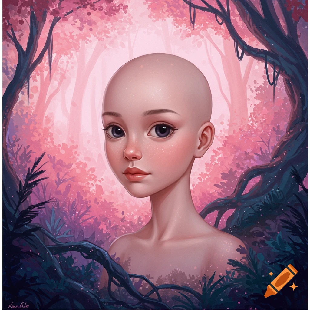 A stylized digital art portrait of a bald young girl in a vibrant pink and purple fantasy forest.