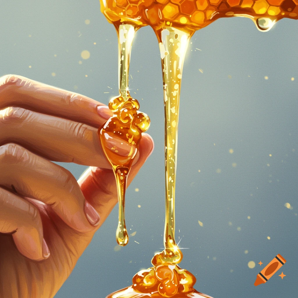Hand holds spoon catching dripping honey from a honeycomb, realistic style.
