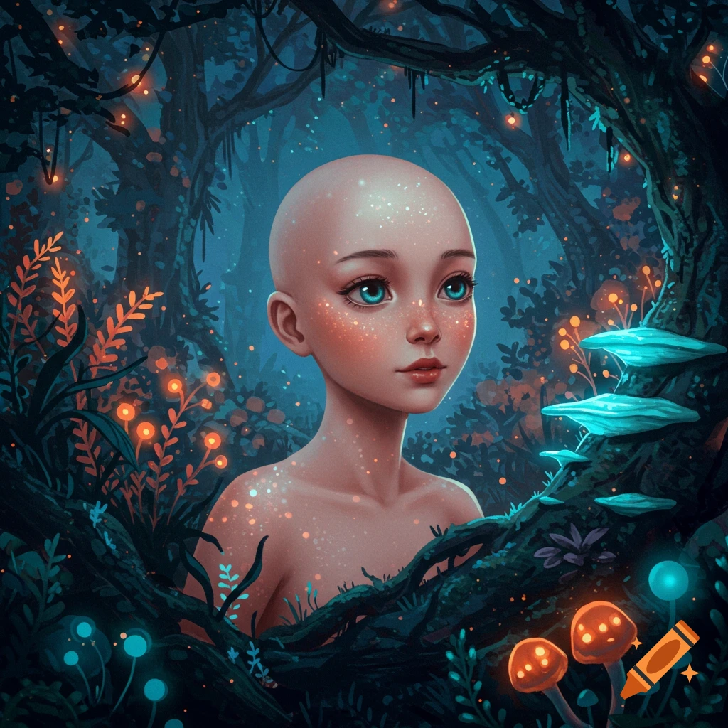 A bald figure with large blue eyes and sparkles on their skin stands in a dark fantasy forest with glowing plants and mushrooms.