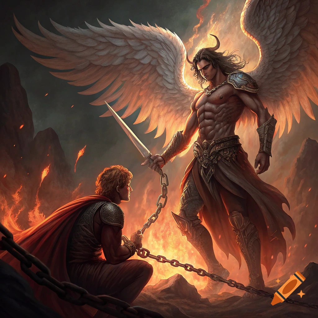 An angelic figure with wings and horns holds a sword towards a chained kneeling figure in a rocky, fiery landscape.
