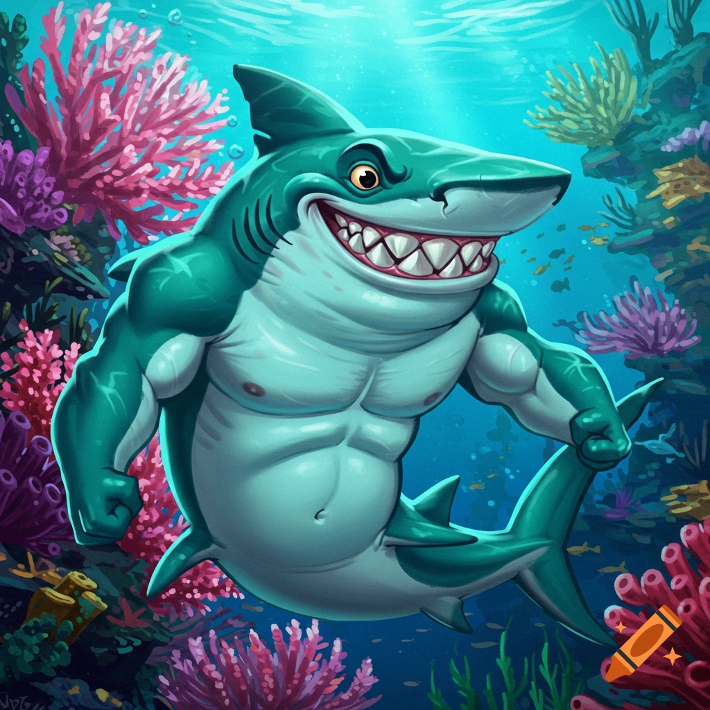 A muscular, cartoonish shark swims underwater surrounded by colorful coral.