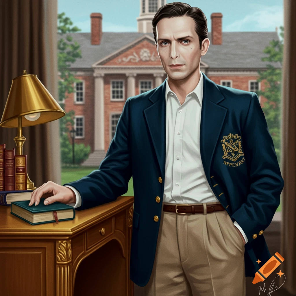 A man in a dark blazer stands next to a desk with books, with a university building visible outside the window.