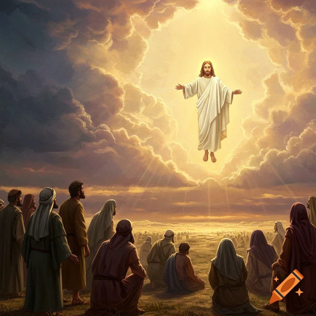 Painting of Jesus ascending into glowing clouds above a crowd of people watching from the ground.