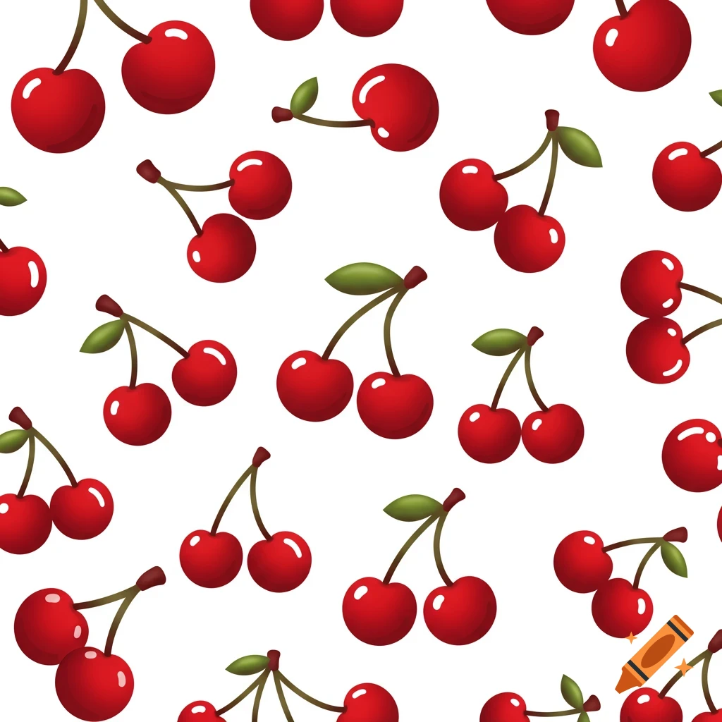 Seamless pattern of red cherries with green leaves on a white background