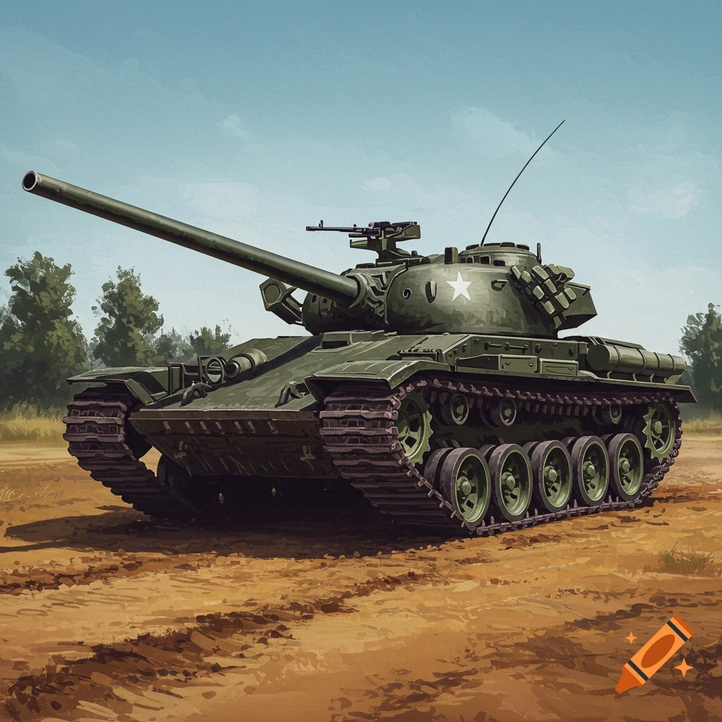 An illustration of a green tank driving on a dirt road.