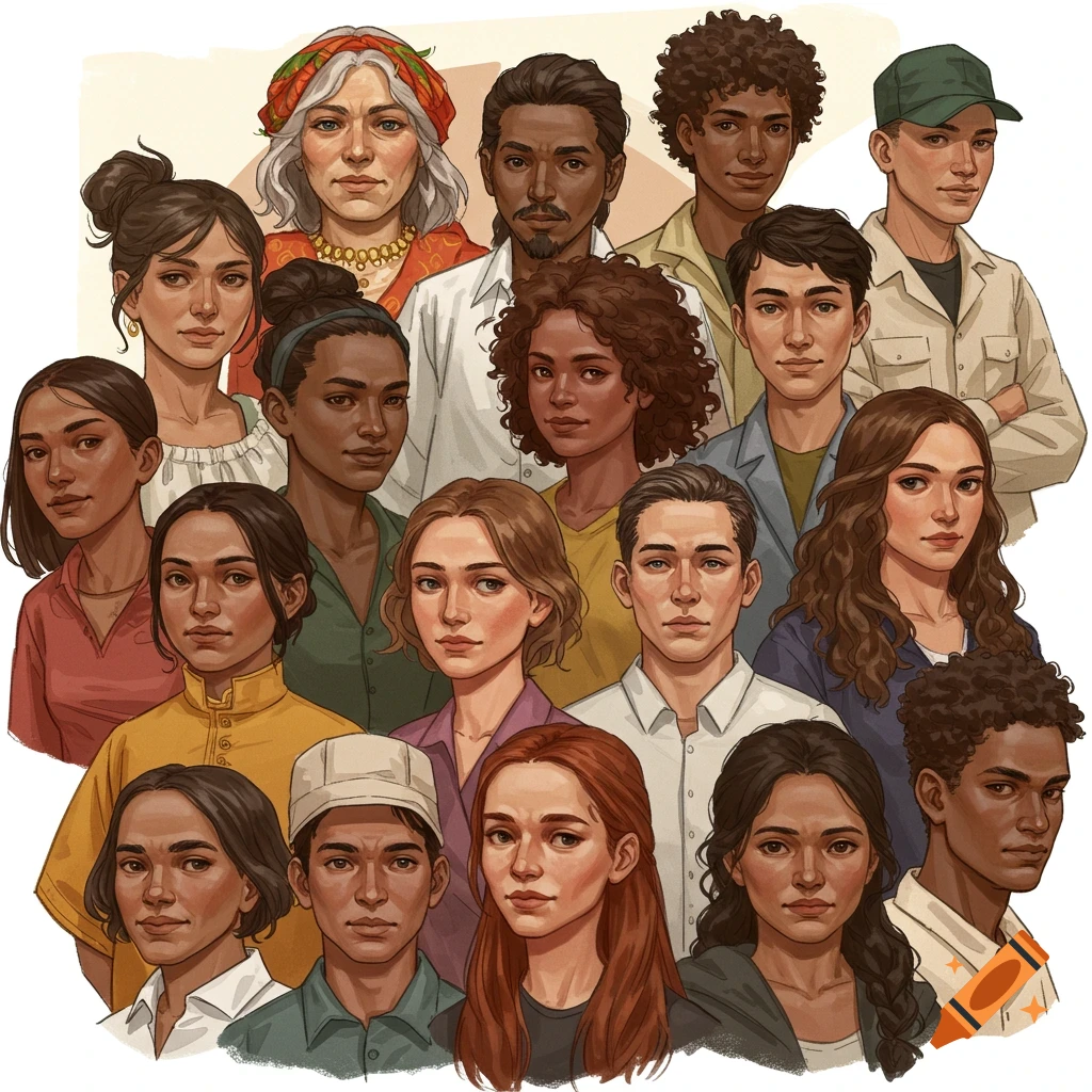 Illustration of a large group of diverse people in portrait style.