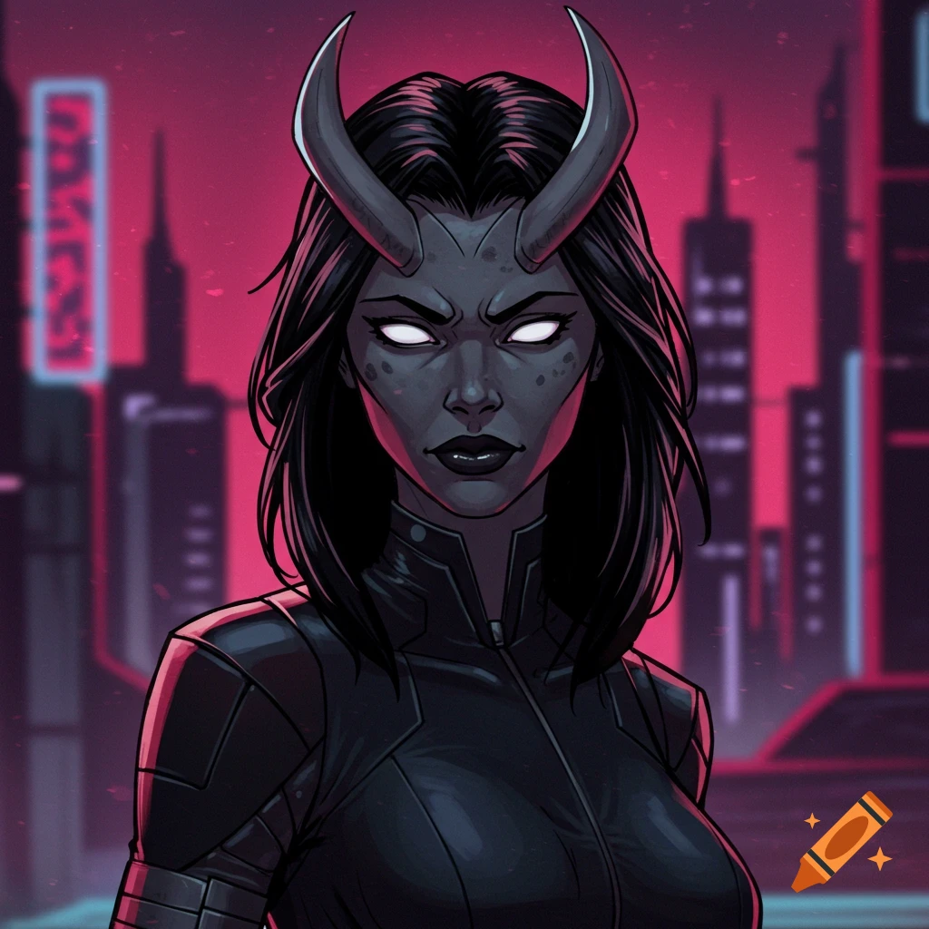 Stylized close-up portrait of a female character with grey skin and horns, in a city at night.