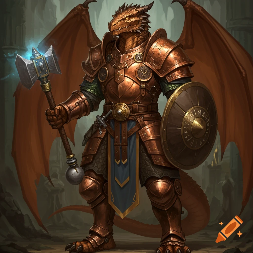 A bronze dragonborn cleric in heavy armor holds a mace and shield in a cavern.