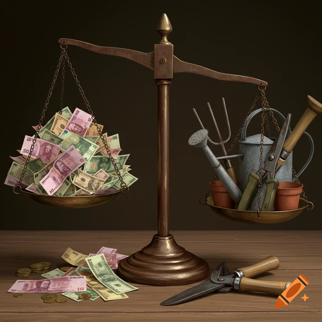 A scale balances a pile of money against gardening tools on a wooden table.