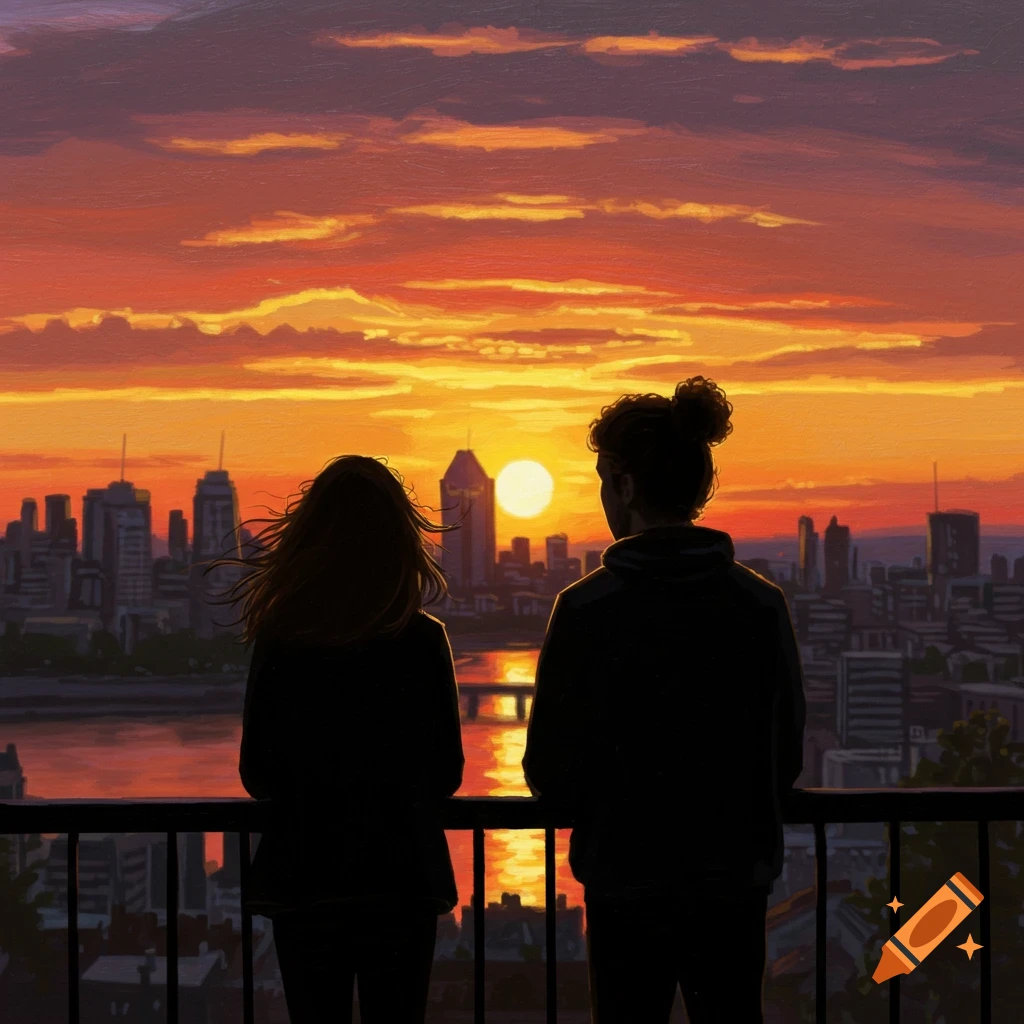 Painting of a couple in silhouette watching a sunset over a city skyline and river.