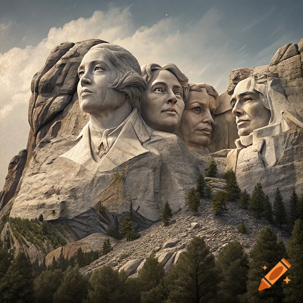 Photorealistic image of four large carved women's faces on a mountain like Mount Rushmore.