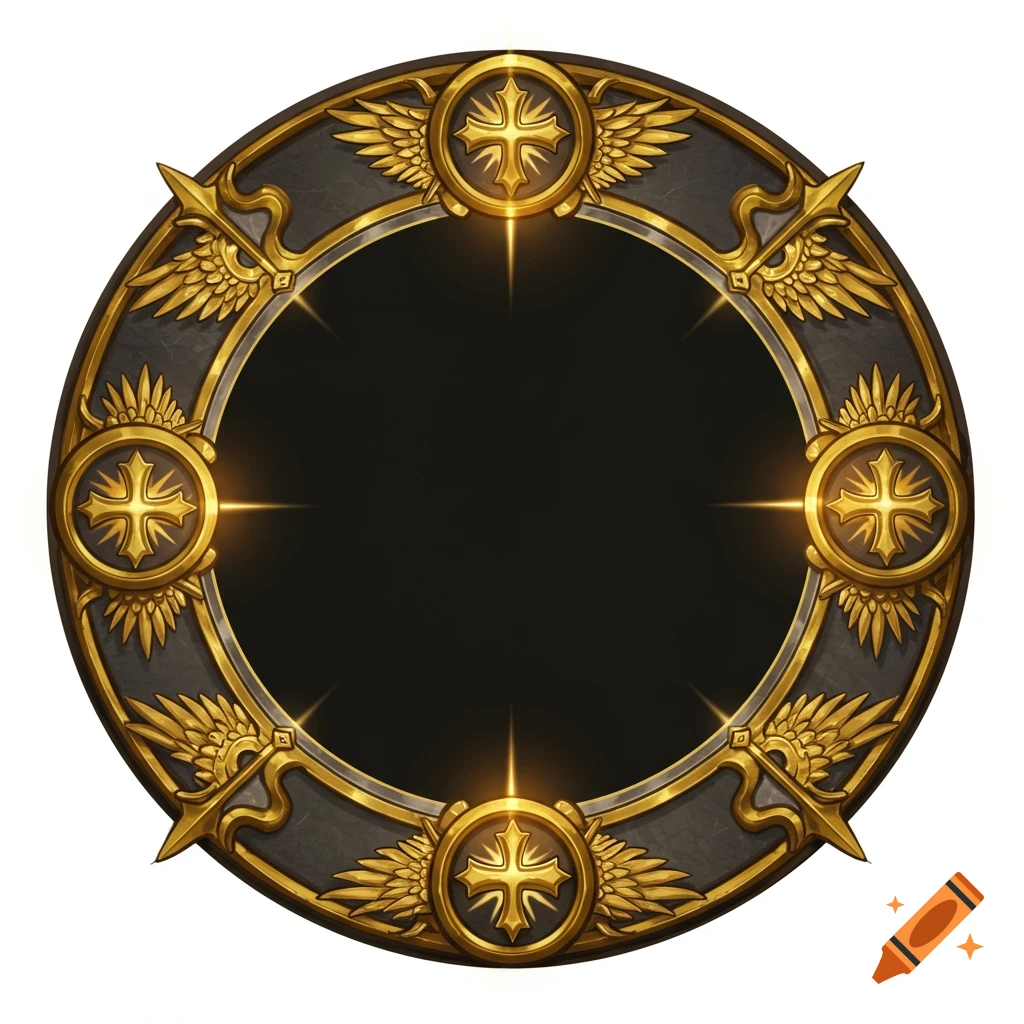A circular golden and dark grey fantasy border with crosses, wings, and spikes.