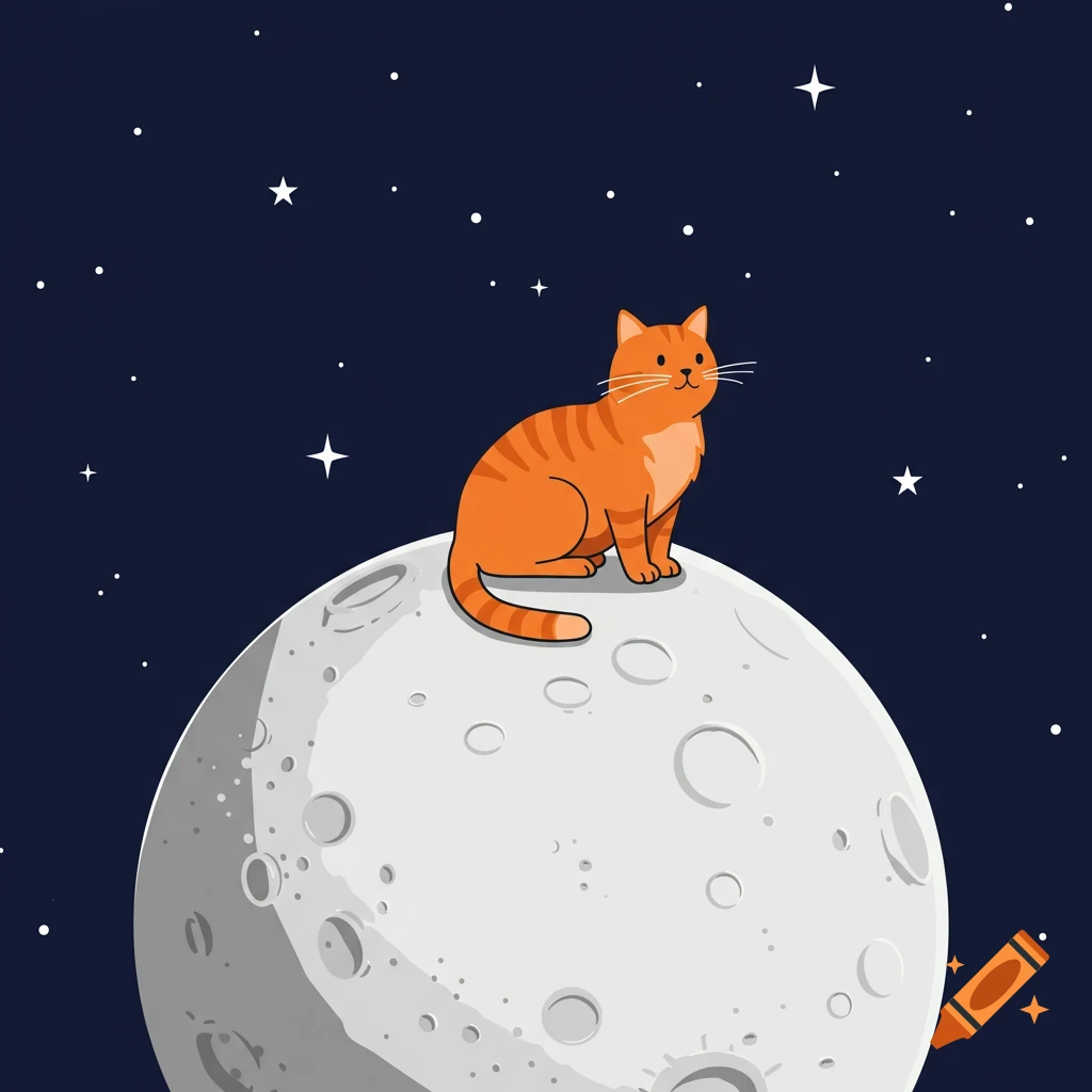 Cartoon illustration of an orange cat sitting on the moon with stars.