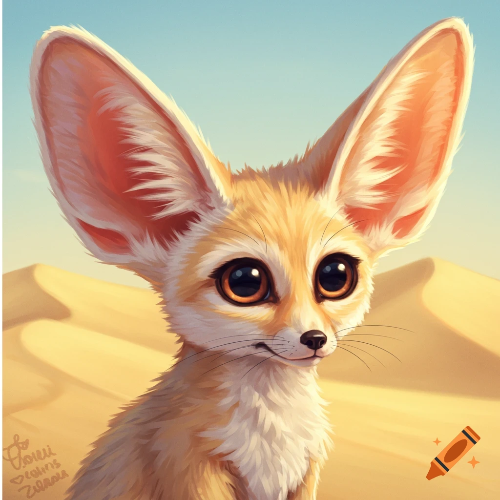 A cute illustrated fennec fox with large ears sits in a desert landscape.