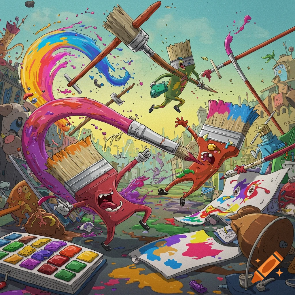 Cartoon paintbrushes fighting with paint in a whimsical art scene