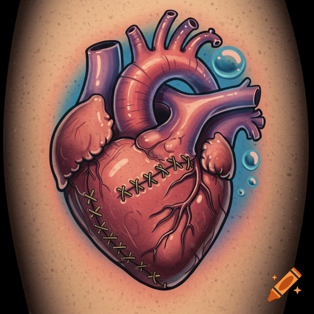 Stylized tattoo of a sewn-up anatomical heart on skin, with blue bubbles.